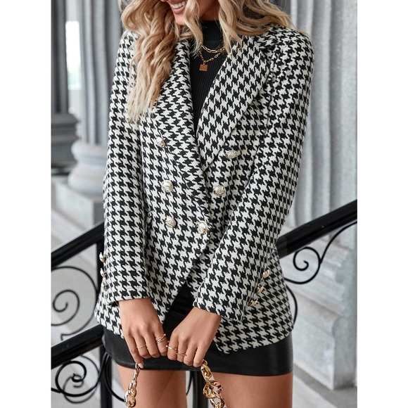 Houndstooth Lapel Collar Double Breasted pea coat Overcoat black white - Picture 4 of 6
